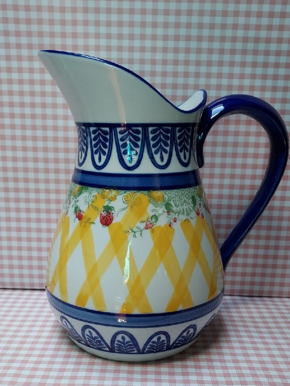 Blue Yellow Strawberry Hand Painted Ceramic Set Pitcher Sugar Bowl Creamer Mug - Picture 2 of 10